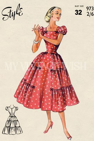 1950s Tiered Summer Dress Sewing Pattern – Square Neck & Puff Sleeves