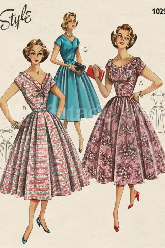 1950s Summer Dress Sewing Pattern with Three Different Neckline Options