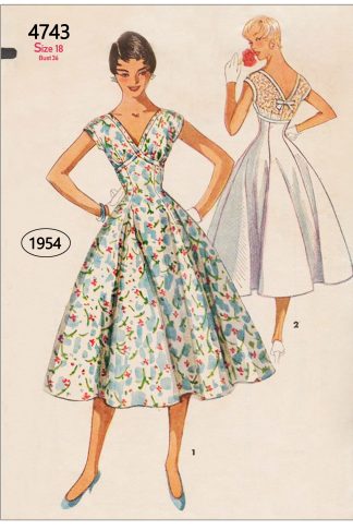 1950s Empire Line Dress Sewing Pattern – V Neck, Gored Flared Skirt