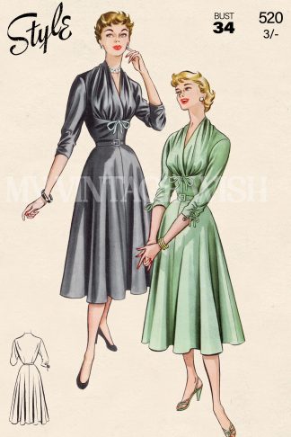 1950s Draped Bodice Dress Sewing Pattern – Rouleau Bows & Panelled Skirt