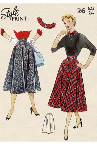 1950s Four-Panel Flared Skirt Sewing Pattern – Wide Waistband & Detachable Collar