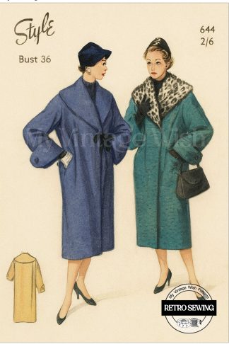 1950s Lined Wrap Coat Sewing Pattern – Half Cuffs & Optional Fur Collar