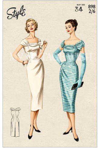 1950s Wiggle Dress Sewing Pattern – Draped Fichu Neckline, Bust 34