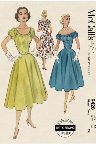 1953 Off-Shoulder Bardot Dress Sewing Pattern – Full Circle Skirt, Bust 34"