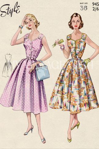 1950s Sun Dress Sewing Pattern – Shaped Neckline with Buttoned Tabs