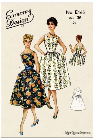 1950s Sleeveless Dress Sewing Pattern – Crossover Button Back & Large Pockets