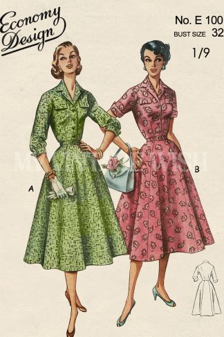1950s Casual Shirt Dress Sewing Pattern – Short or ¾ Sleeves