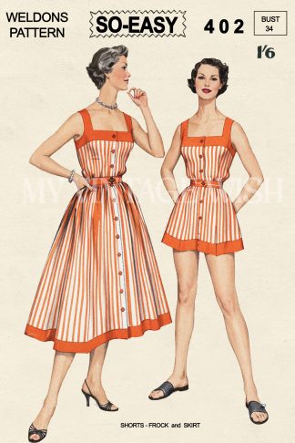 1950s Belted Playsuit & Skirt Sewing Pattern – Contrast Yokes