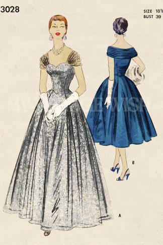 1950s Evening Dress Sewing Pattern – Shoulder Straps & Back Drape