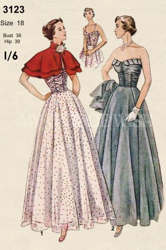 1950s Strapless Prom Dress & Cape Sewing Pattern – Ruched Bodice
