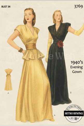 1940s Evening Dress Sewing Pattern – Pouf Peplum, Bust 34