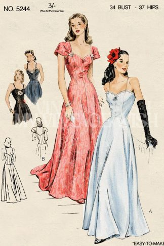 1940s Evening Dress Sewing Pattern – Circular Skirt, Bust 34