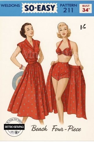 1940s Four-Piece Beachwear Sewing Pattern – Halter Bra, Blouse, Skirt & Briefs