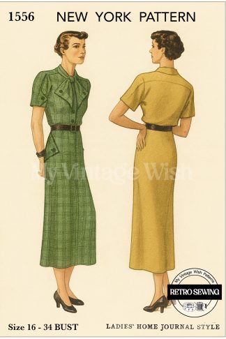 1930s Tie Collar Day Dress with Shaped Yoke Sewing Pattern Bust 34