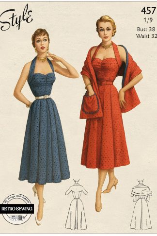 1940s Halter Dress & Stole Sewing Pattern – Pleated Skirt, Bust 38