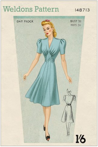 Vintage 1940s Wartime Dress Sewing Pattern – One-Piece Back, Puff Sleeves & Gathered Belt