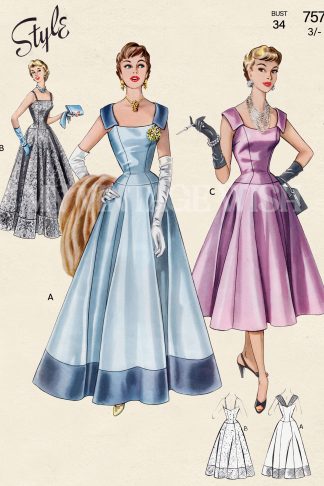 1950s Dropped Waist Evening Dress Sewing Pattern – Two Lengths, Bust 34