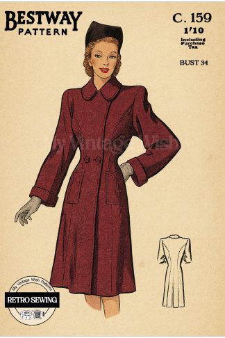 1940s Panelled Coat Sewing Pattern – Patch Pockets, Bust 34"