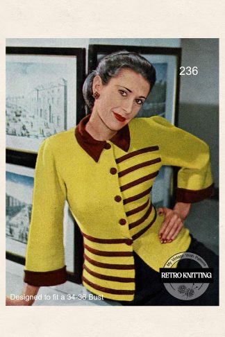 1940s Stylish Striped Cardigan Jacket Knitting Pattern Bust 34-36