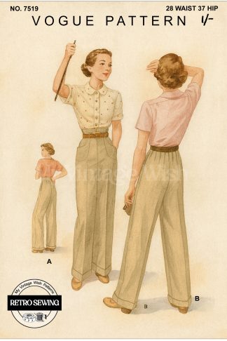 1930s–40s Women’s Hepburn Slacks Sewing Pattern – Two Styles, Waist 28