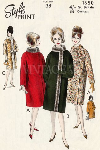 1960s Collarless Winter Coat Sewing Pattern | Double Breasted with Fur Trim