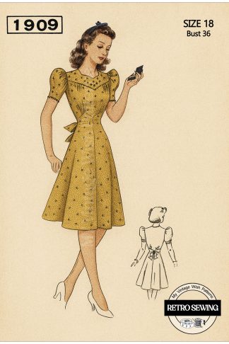 1940s Yoked Dress Sewing Pattern – Puff Sleeves & Sash, Bust 36