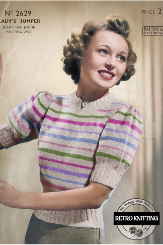 1940s Rainbow Striped Sweater Knitting Pattern Bust 34