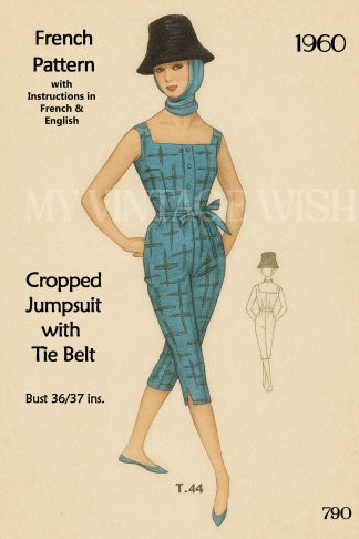 1960s Cropped Summer Belted Jumpsuit Sewing Pattern | Zip Front, Square Neck
