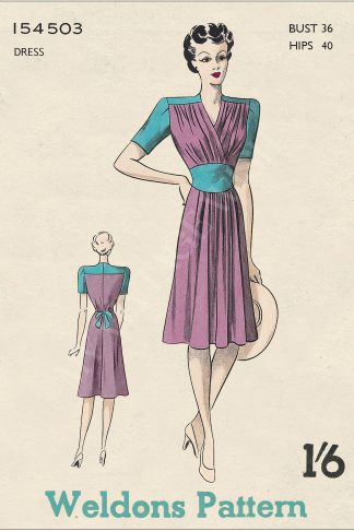 1940s Wartime Dress Sewing Pattern – Surplice Crossover Bodice, Bust 36"