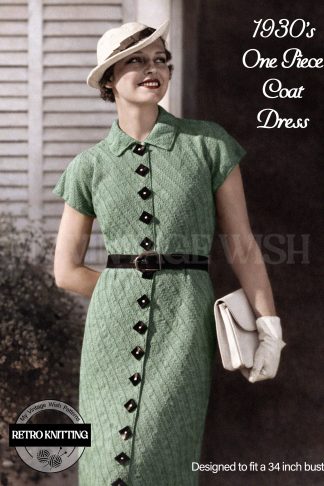 1930s Vintage Cap Sleeve Coat Dress Knitting Pattern Bust 34