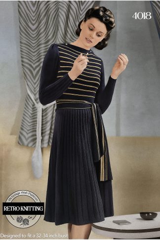 1940s Striped Knitted Dress Pattern – Pleat-Effect Skirt, Bust 32–34
