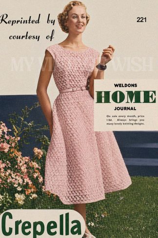 1950s Rockabilly Dress Knitting Pattern Vintage Boat Neck Full Skirt Dress 3 Sizes