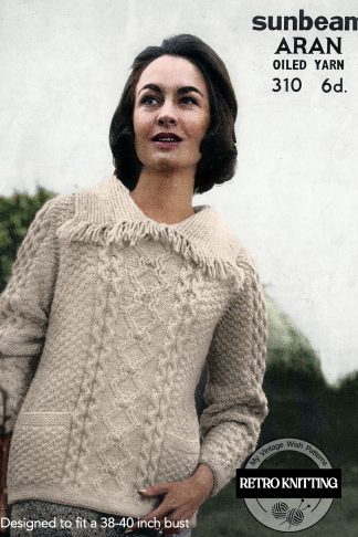 1950s–60s Raglan Sweater Knitting Pattern – Fringed Collar & Pockets, Bust 38–40