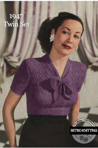 1940s Vintage Knitting Pattern – Pussy Bow Twin Set, Cable Knit Sweater