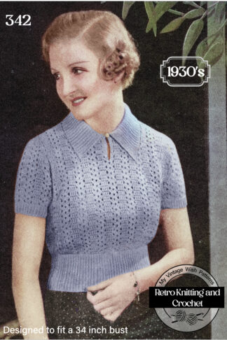 1930s Vintage Knitting Pattern – Crochet Jumper with Ribbed Collar and Welts – 34” Bust