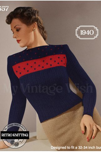 Vintage 1940 Jumper Knitting Pattern – Simple Wide Rib with Embroidered Spots 32-34 Bust