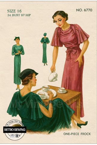 1930s Vintage Sewing Pattern | Evening Gown & Day Dress | Cowl Back, Cape Sleeve | Bust 34