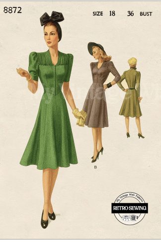 1930s Dress Sewing Pattern – Sweetheart Neckline, Flared Skirt & Sleeve Options