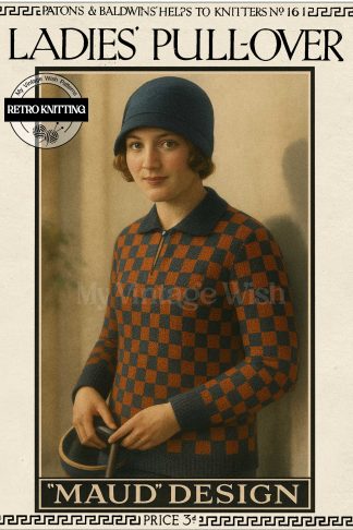 Vintage Knitting Pattern – Easy Checked Stocking Stitch Sweater with Ribbed Collar & Button Neck