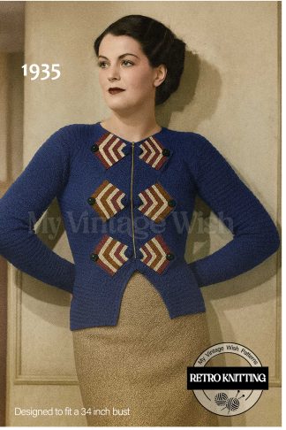 1935 Knitting Pattern – Zip Front Jumper with Multicoloured Tabs | Easy 3 Ply Sweater
