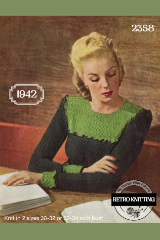 1940s Vintage Knitting Pattern – Women’s Two-Colour Jumper with Frilled Yoke and Cuffs
