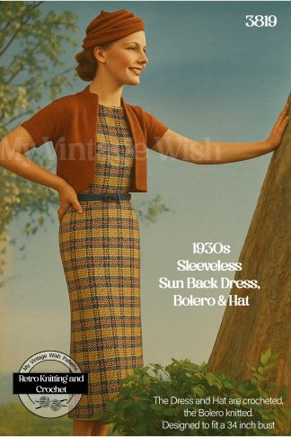 1930s Knitting and Crochet Pattern – Plaid Sun-Back Dress with Bolero and Hat – Bust 34