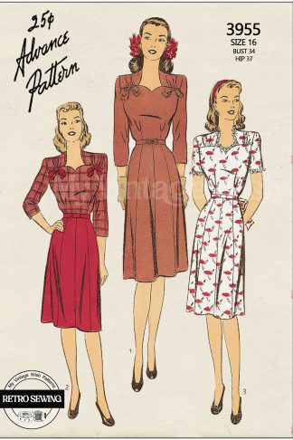 1940s Sweetheart Neck Dress Sewing Pattern – Bust 34