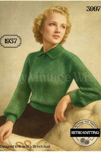 1930s Vintage Knitting Pattern – Women’s Jumper in Diamond Stitch with Long Sleeves & Collar