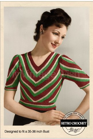 1940s Chevron Striped Crochet Sweater Pattern – Vintage V-Neck Top