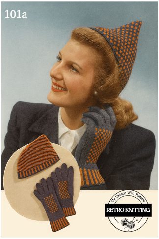 1940s Check Pixie Cap and Gloves Vintage Knitting Pattern