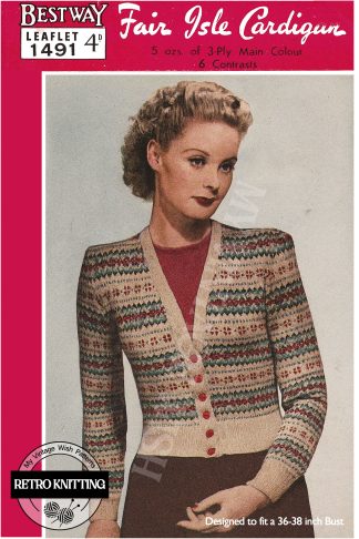 1940s Fair Isle V-Neck Cardigan Vintage Knitting Pattern – To Fit 36–38 Inch Bust