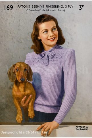 1940s Pretty Long Sleeve Jumper Knitting Pattern – Lace Yoke and Bow Tie - Bust 33-34