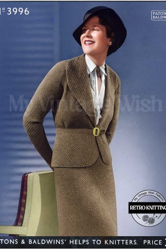1930s Knitted Skirt Suit Pattern – Women’s Tailored Bouclé Wool Two-Piece with Shawl Collar Jacket