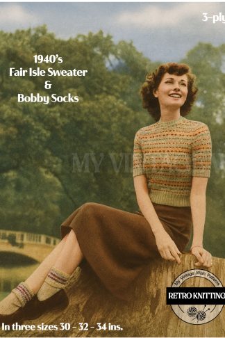 1940s Fair Isle Sweater and Bobby Socks Knitting Pattern | Vintage Patons Beehive 3-Ply Design